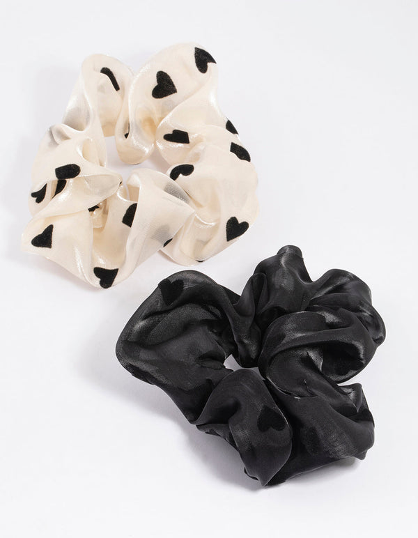White Fabric Flocked Heart Scrunchie Pack
