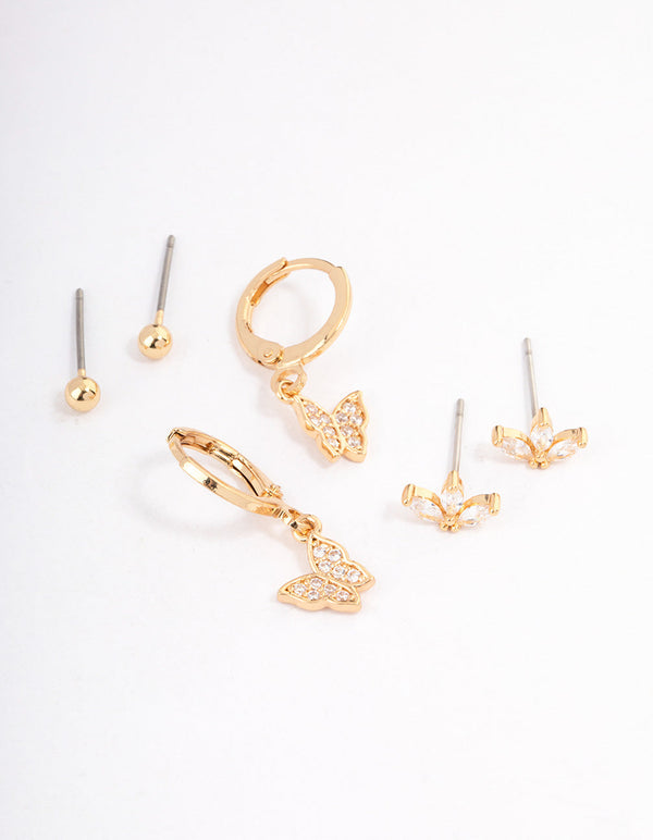 Gold Plated Cubic Zirconia Butterfly Huggie Earrings Pack