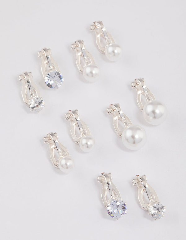 Silver Pearl & Diamante Clip On Earrings 5-Pack