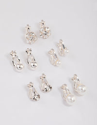 Silver Pearl & Diamante Ball Clip On Earrings 5-Pack - link has visual effect only