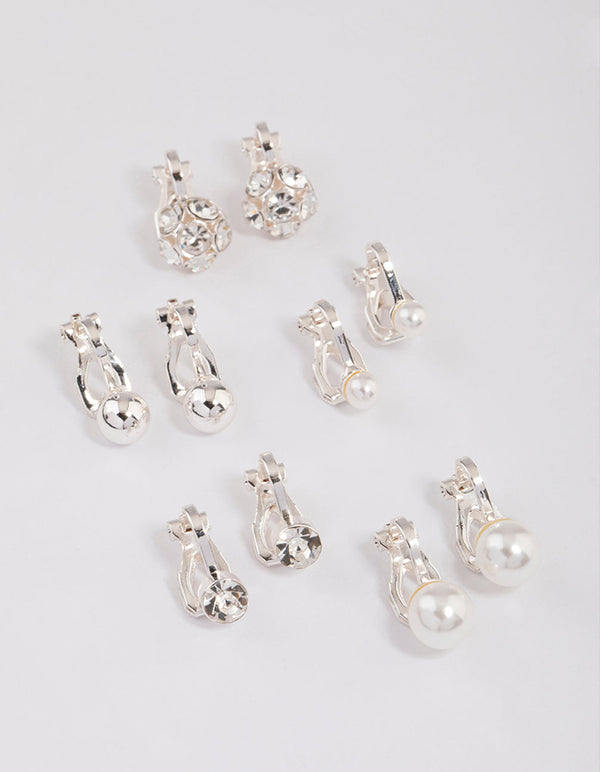 Silver Pearl & Diamante Ball Clip On Earrings 5-Pack