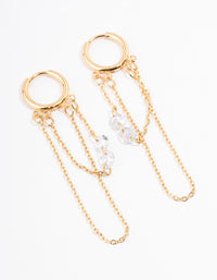 Gold Plated Stainless Steel Double Chain Cubic Zirconia Huggie Earrings - link has visual effect only