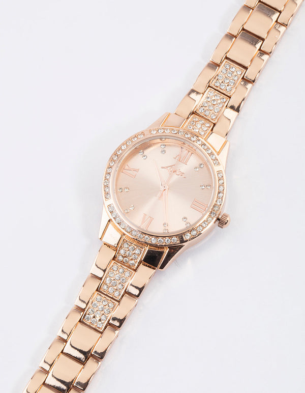 Rose Gold Coloured Diamante Detailed Link Watch