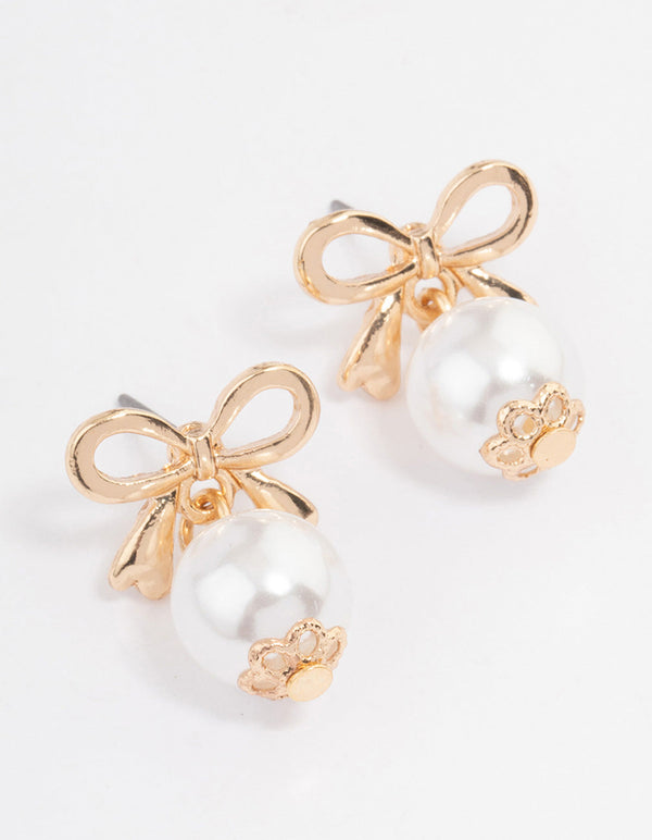 Gold Bow Pearl Drop Earrings