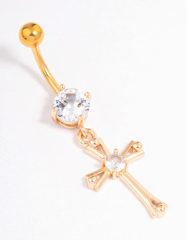 Gold Plated Surgical Steel Cubic Zirconia Cross Drop Belly Ring