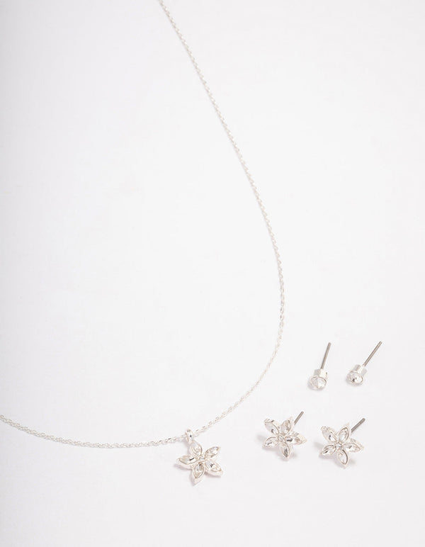 Silver Flower Earrings Jewellery Set