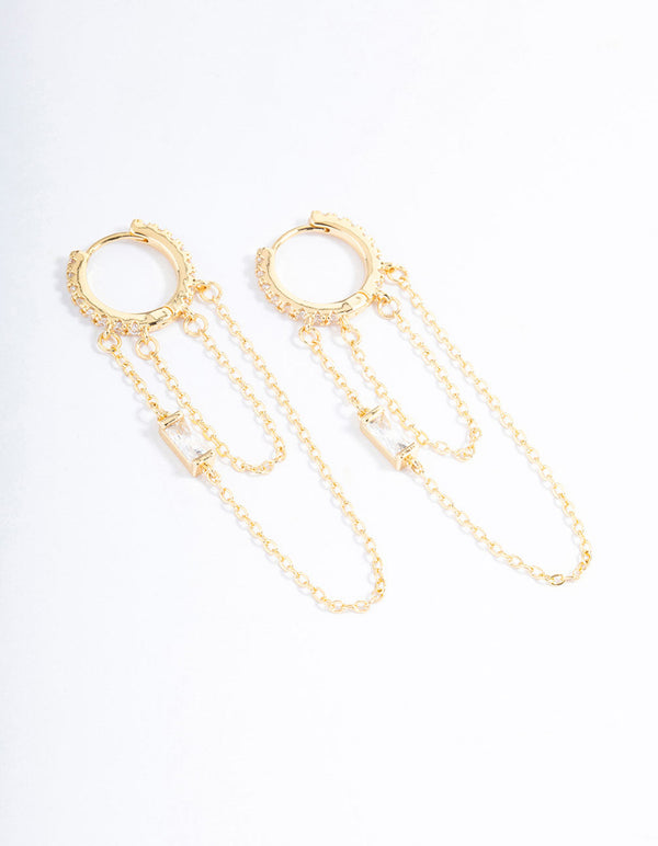 Gold Plated Cubic Zirconia Double Chain Drop Earrings