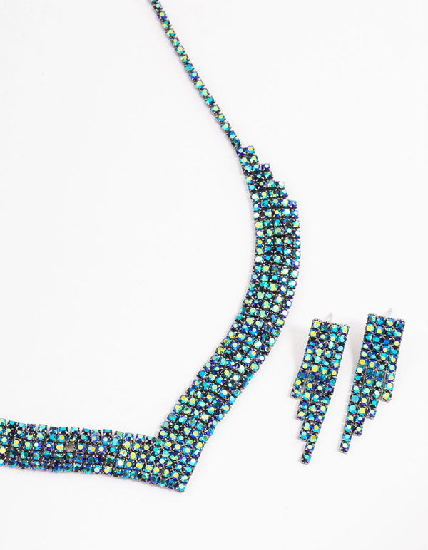 Gunmetal Diamante Pointed Earrings & Necklace Jewellery Set