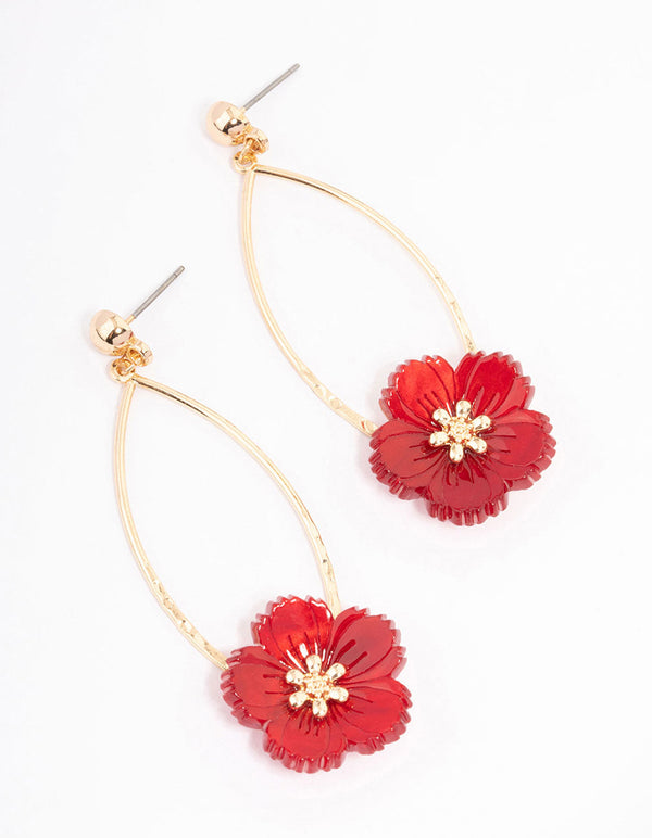 Red Oval Wire Flower Drop Earrings