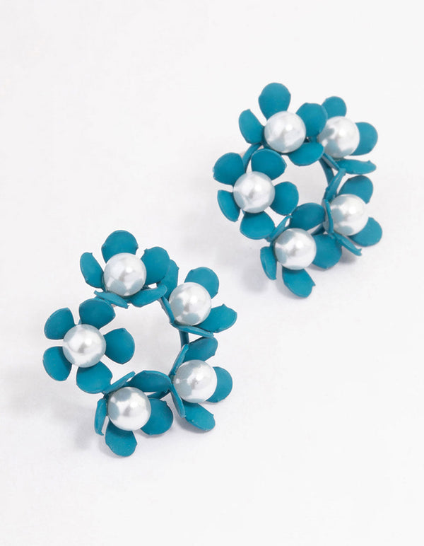 Teal Flower & Pearl Circle Stud Earrings