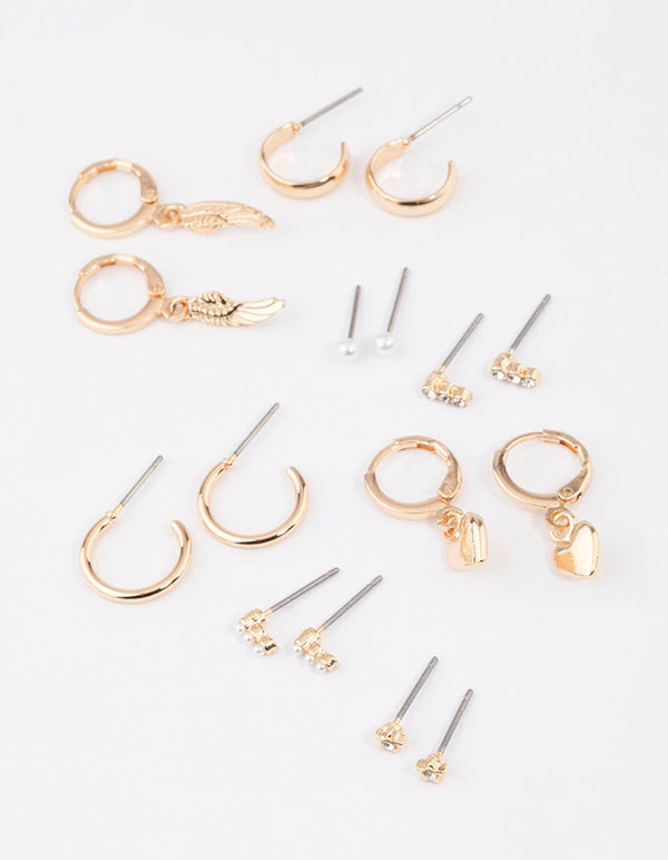Gold Heart Diamante & Pearl Earrings 8-Pack
