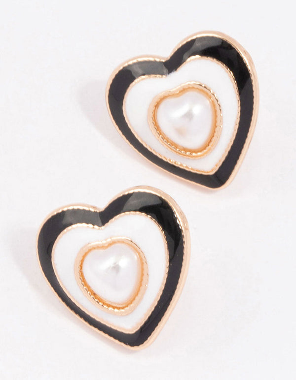 Gold Acrylic Pearl Heart Stud Earrings