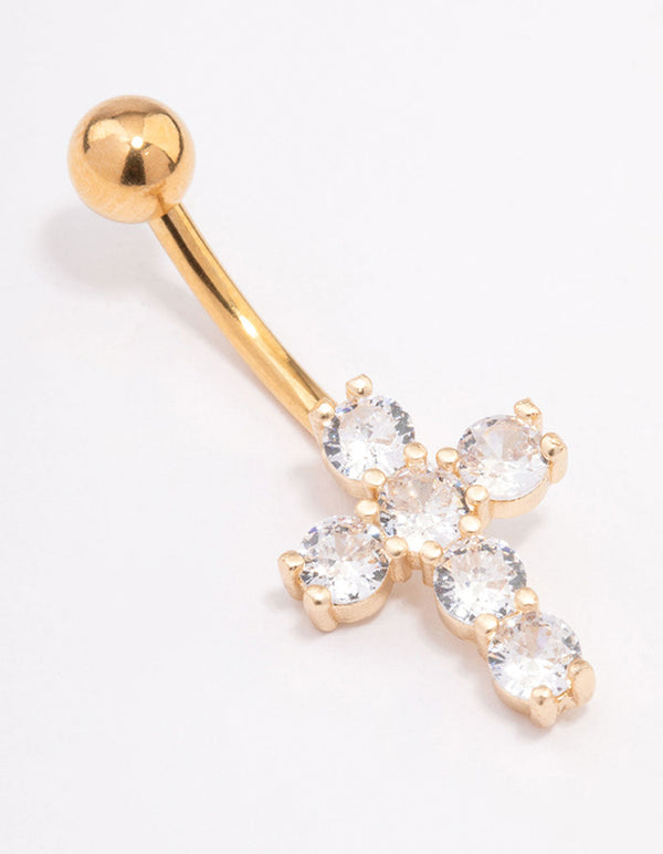 Gold Plated Surgical Steel Round Cubic Zirconia Cross Belly Ring
