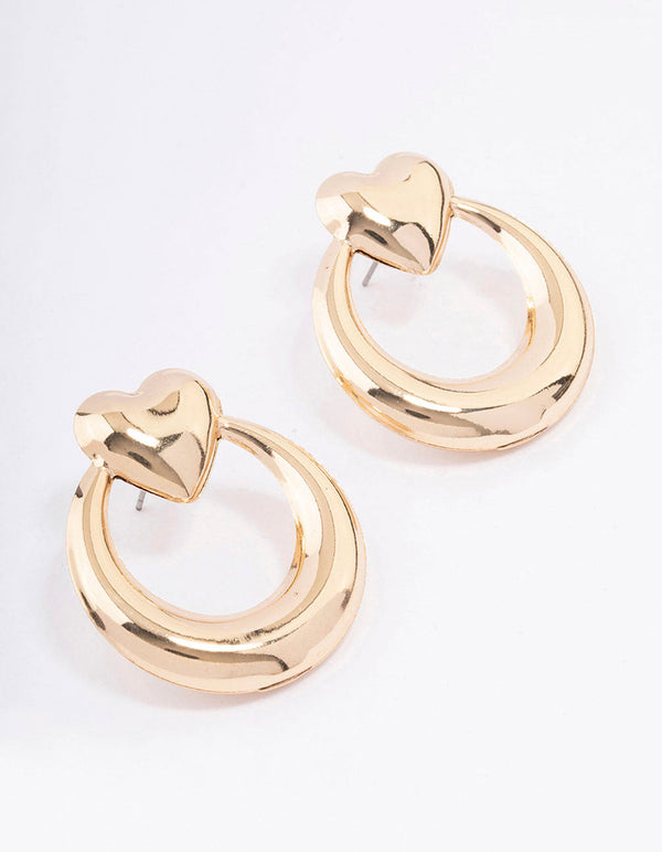 Gold Large Heart Ring Stud Earrings