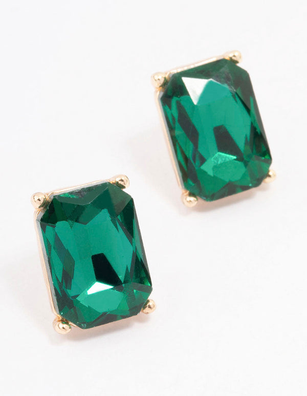 Green Rectangle Stone Stud Earrings