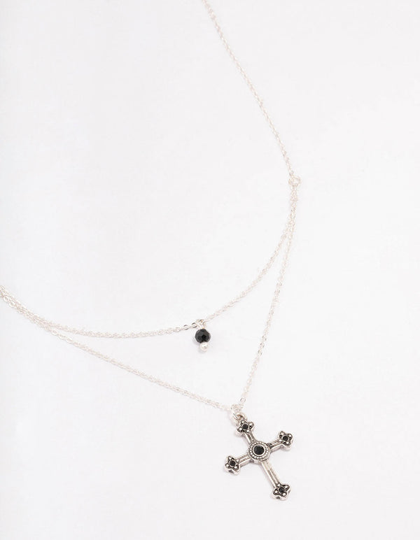 Antique Silver Double Chain Cross Necklace