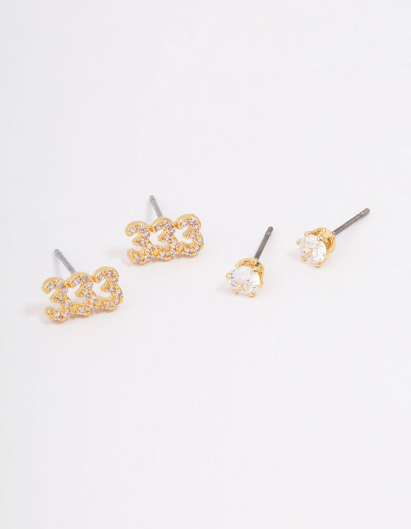 Gold Plated Cubic Zirconia Angel Number 333 Stud Earring Pack
