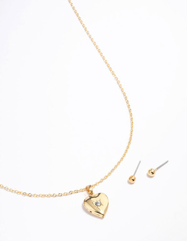 Gold Plated Heart Locket Necklace & Earrings Set