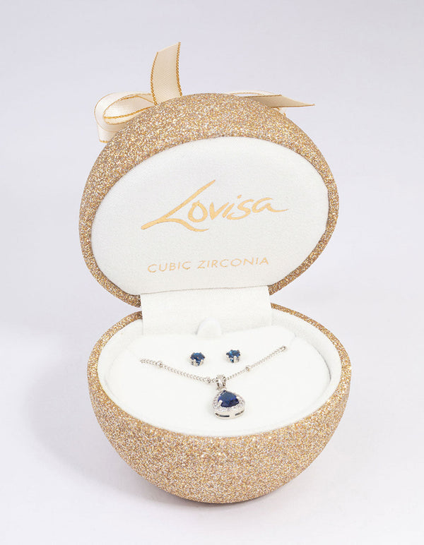 Rhodium Cubic Zirconia Sapphire Earring & Necklace Set