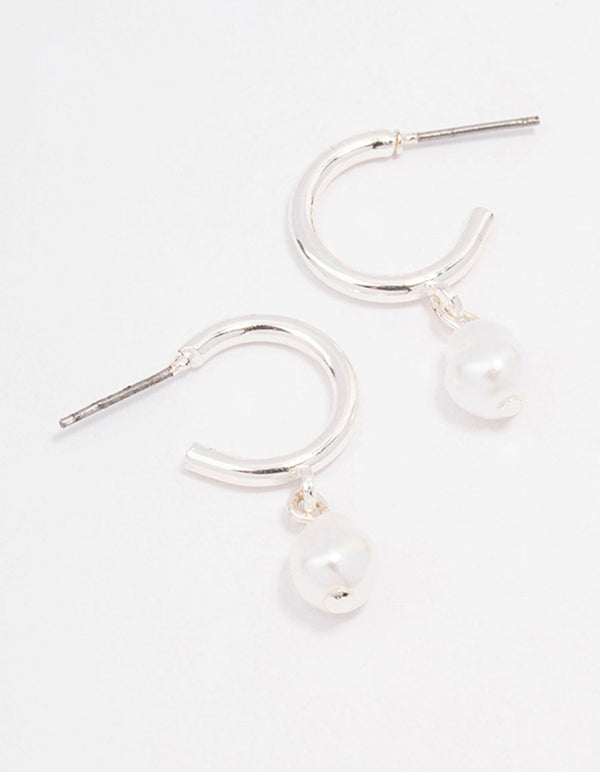 Silver Pearl Drop Huggie Earrings