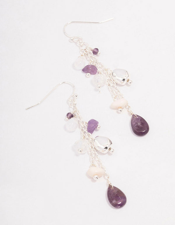 Silver Purple Fluorite Tassel Drop Earrings