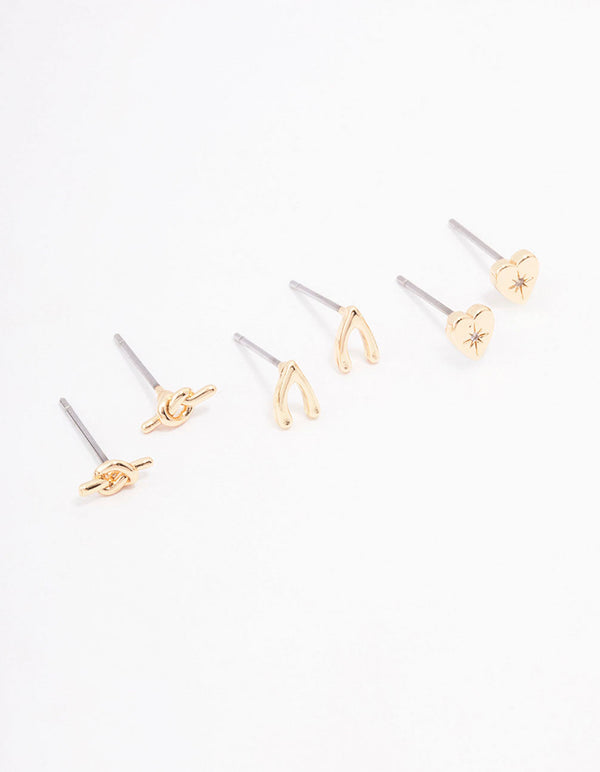 Gold Cubic Zirconia Mixed Charm Stud Earrings 3-Pack