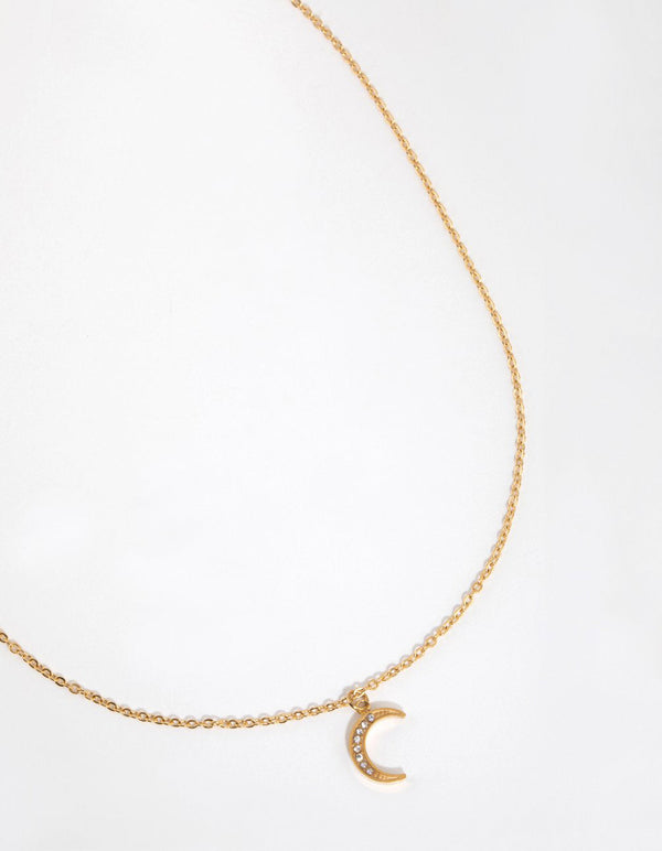 Gold Plated Surgical Steel Pave Moon Necklace