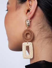 Gold & Brown Raffia Geometric Drop Earrings - link has visual effect only